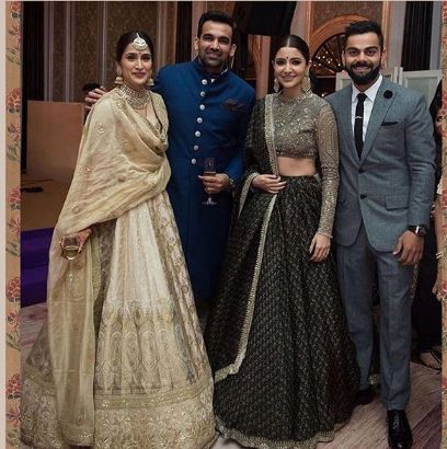 Anushka Sharma Black Lehenga Is Perfect For BFF'S Wedding And Reception. Check out here. Sagarika Ghatge, Zaheer Khan, Two And Half Men, Indian Groom Wear, Indian Couple, Black Lehenga, Indian Outfits Lehenga, Red Lehenga, Patiala Salwar