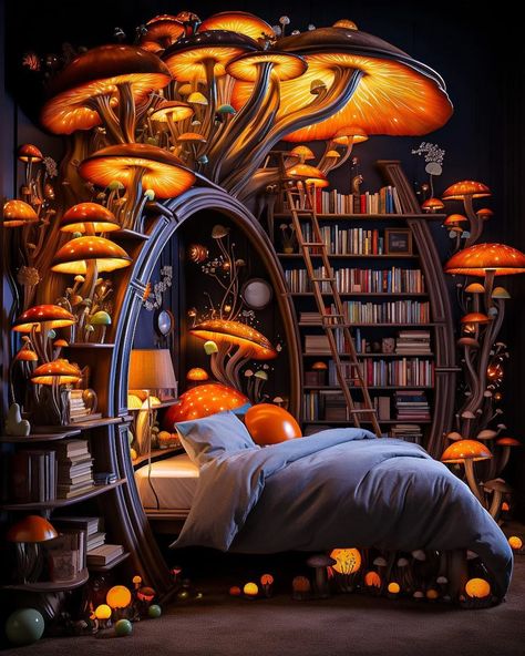 Mushroom-themed bedroom decor ideas | Melody Jacob Mushroom Bedroom Ideas, Mushroom Bedroom, Attic Room Ideas, Bedroom Decoration Ideas, Unique Interiors, Fantasy Bedroom, Bedding Inspiration, Traditional Bed, Bohemian Bedroom Decor