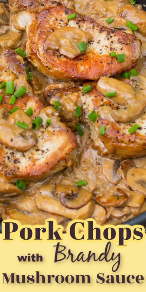 Tender, juicy Pork Chops in a Creamy Brandy Mushroom Sauce is an easy recipe that delivers gourmet flavor. A great one-pan dish. via @artandthekitch Steaks Recipes, Brandy Cream Sauce, Perfect Pork Chops, Ham Steak, Pork Steaks, Mushroom Pork Chops, Tender Pork Chops, Pork Chop Dinner, Juicy Pork Chops