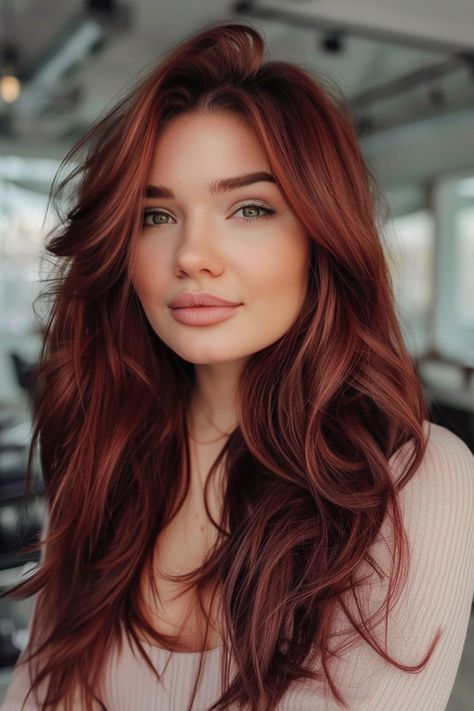 Woman with long, wavy auburn hair and a neutral expression in a well-lit indoor setting. Rose Auburn Hair, Rose Brown Highlights, Brown With Red Highlights, Chocolate Cherry Brown Hair, Chocolate Cherry Hair Color, Chocolate Cherry Hair, Deep Auburn Hair, Cherry Brown Hair, Reddish Brown Hair Color