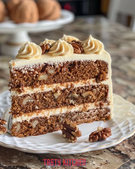 MyTastyKitchen | Romanian Walnut Buttercream Cake | Facebook Traditional Romanian Desserts, Easy Romanian Desserts, Burnt Almond Torte Recipe, Romanian Walnut Buttercream Cake, Cookrate Romania, Bakers Gonna Bake, Walnut Cake, Tasty Kitchen, Dessert Lover