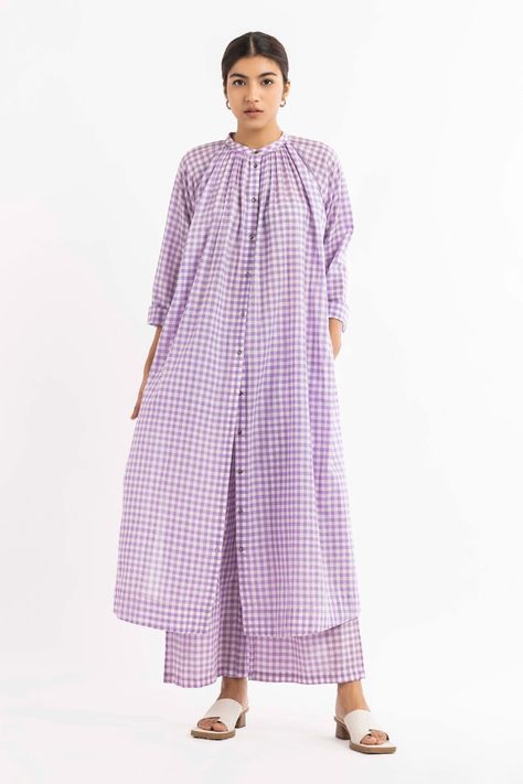 Shop for Three Purple Handwoven Checkered Shirt Tunic And Pant Set for Women Online at Aza Fashions Purple Checkered, Checkered Shirt, Pant Set, Set For Women, Three Quarter, For Women, Purple