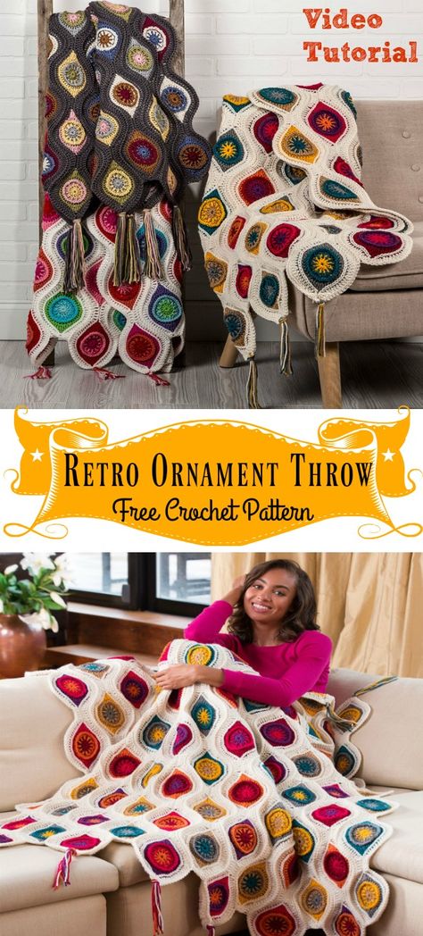 Retro Ornament Throw Blanket Free Crochet Pattern and Video Tutorial Cozy Crochet Patterns, Retro Ornaments, Crochet Quilt, Manta Crochet, Haken Baby, Crochet Throw, Crochet Motifs, Yarn Projects, Afghan Crochet Patterns