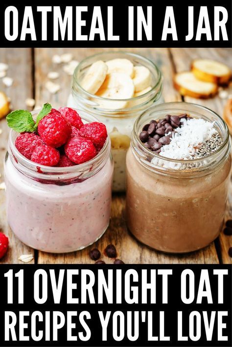 Give your day a kick start with one of these oatmeal in a jar overnight oats recipes! There are heaps of different recipes to choose from to suit you and your taste buds, and we’re teaching you how to make 11 of our faves. All you need is steel cut or rolled oats, almond milk or yogurt, protein (consider chia seeds or peanut butter), and some fruit, and you can meal prep your breakfasts 3 days in advance. Check out our favorite no-cook recipes and say YES to delicious, stress-free mornings! Oatmeal In A Jar Overnight, Breakfast Jars, Overnight Oat Recipes, Breakfast Overnight, Messy Layers, Oatmeal In A Jar, Yogurt Protein, Overnight Oats In A Jar, Best Overnight Oats Recipe