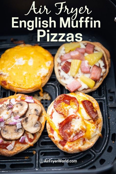 Take a look at our air fried English muffin pizzas recipe. This super easy recipe is a lot of fun to do with the kids. Air Fryer English Muffin, Muffin Pizza Recipe, Pizza In The Air Fryer, Red Pizza Sauce, Roasted Vegetables With Chicken, Pizzas Recipe, English Muffin Pizza, Crispy Pizza, Snack For Kids