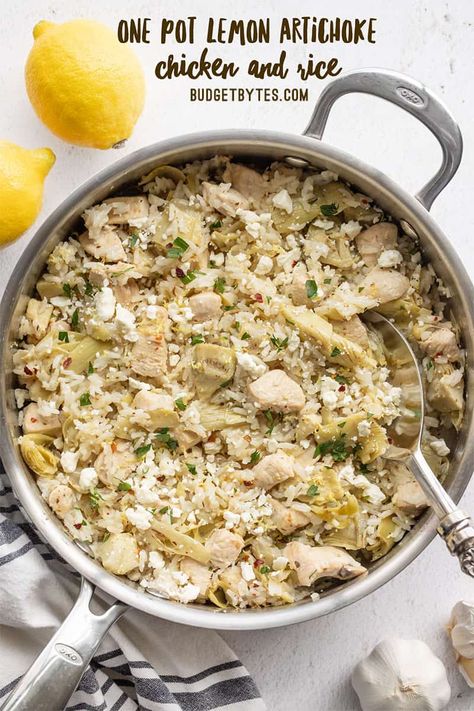 Artichoke Rice, Lemon Artichoke Chicken, Chicken And Rice Dinner, One Pot Rice Meals, Budget Bytes, Artichoke Chicken, Rice Dinner, Easy One Pot Meals, Chicken And Rice