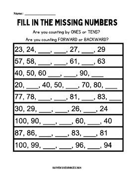 Fill in the Missing Numbers (within 120) | Sequencing Numbers | Number Sense | Kindergarten/1st grade Printable Math Worksheets 6 pages Use these worksheets to practice number sequences within 120. Practice counting forward by ones and tens Practice counting backward by ones and tens For students who need more support, allow them to use a 120 chart. Use this resource for morning work, in a math center or for early finishers! Number Sequence Worksheet, Aba Materials, Sequencing Numbers, Kg Worksheets, Fill In The Missing Numbers, Missing Number Worksheets, Number Sense Worksheets, Counting Backwards, Worksheet Math