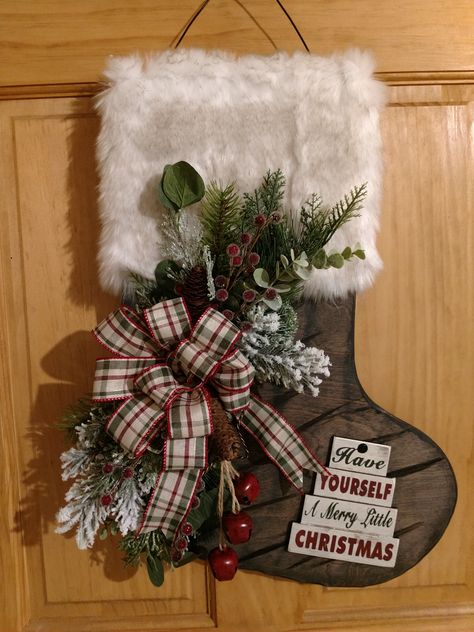 Stocking Door Hanger, Wood Stocking, Christmas Fair Ideas, Wooden Snowmen, Faux Tin, Handcrafted Gifts, Christmas Door Hanger, Wood Christmas, Holiday Crafts Christmas