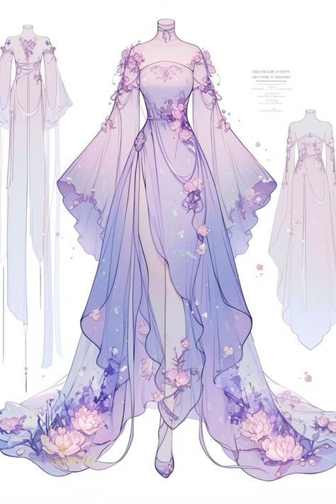 Oc Dress Ideas, Dress Outfits Drawing, Fantasy Dress Design Art, Purple Aesthetic Dress, Purple Dress Drawing, Flowy Dress Drawing, Bearded Woman, Dresses Art, Wedding Dresses Ideas