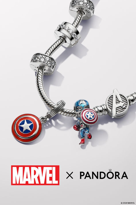 Patriotic colours and sterling silver, legendary! Power up your collection with our new Captain America charm in sterling silver with details in red and blue enamel, which has been lovingly applied by hand. Report for duty in style with a charm that represents your favourite Marvel hero from Marvel x Pandora. Pandora Marvel, New Captain America, Marvel Jewelry, Stay True To Yourself, Pandora Collection, True To Yourself, Charms Bracelets, Marvel X, Stay True