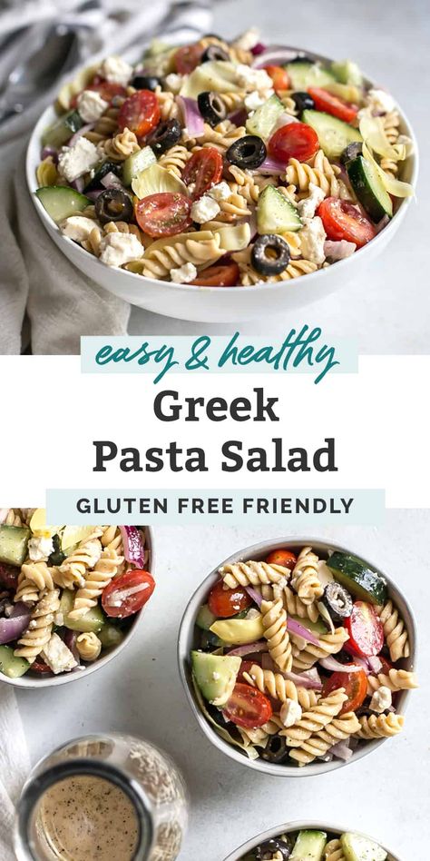 Gluten Free Pasta Salad, Greek Pasta Salad Recipe, Fit Mitten Kitchen, Feta Pasta Salad, Homemade Vinaigrette, Greek Pasta Salad, Healty Dinner, Gluten Free Sides, Simple Vinaigrette