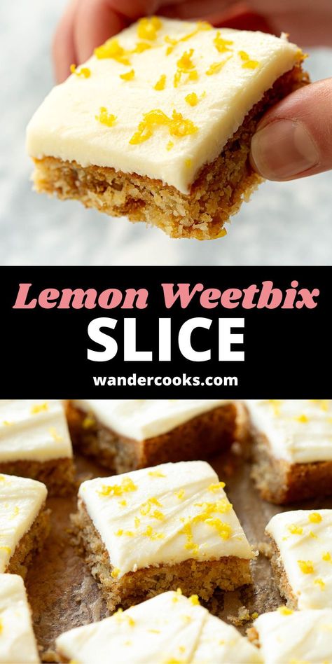 Taste the sunshine with our Aussie lemon Weetbix slice! Enjoy the perfect biscuit base of Weetbix, coconut and lemon zest, topped with a decadent swirl of lemon buttercream icing. Lemon Buttercream Icing, Chocolate Coconut Slice, Australian Snacks, Weetbix Slice, Sweet Slices, Australian Desserts, Slice Recipes, Coconut Biscuits, Afternoon Tea Recipes