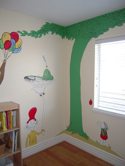 dr seuss mural (the Giving Tree and Curious George too) I hope my kids' room looks like this someday. Dr Seuss Mural, Dr Seuss Nursery, Storybook Nursery, Fullerton California, The Giving Tree, Tree Mural, Nursery Mural, Dr Suess, Curious George