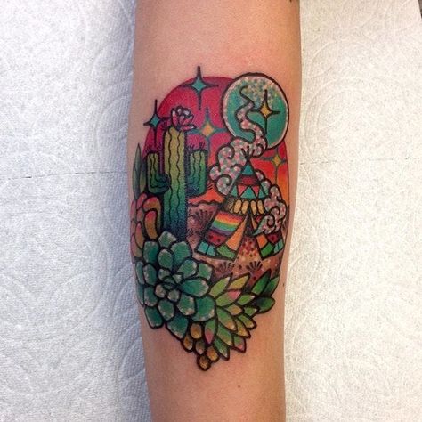 Canyon Tattoo, Desert Tattoo, Succulent Tattoo, Howling Coyote, Zia Symbol, Cactus Tattoo, Plant Tattoo, Tatuaje A Color, Thank You For Coming