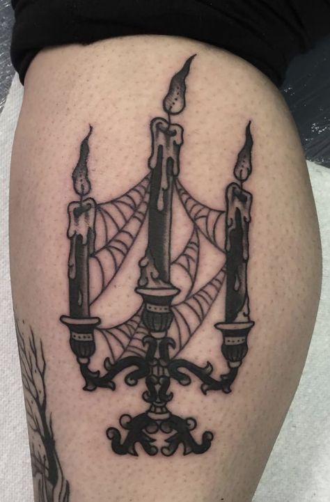 Dainty Gothic Tattoo, Wwdits Tattoos, Spooky Patchwork Tattoos, Halloween Knee Tattoo, American Traditional Gothic Tattoos, Candelabra Tattoo, Vamp Tattoo, Victorian Gothic Tattoo Ideas, Goth Tattoo Ideas