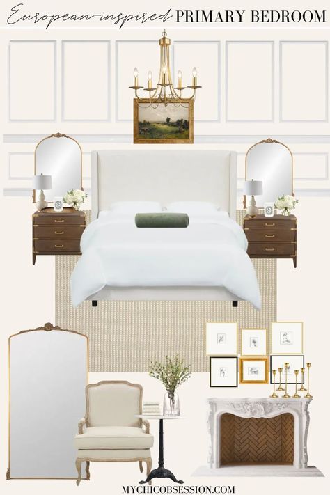 Build Entryway, Bedside Mirrors, Laundry Room And Mud Room, Modern Classic Bedroom Design, Elegant Traditional Bedroom, Bedroom Mood Board, European Bedroom, European Decor Style, White Room Decor