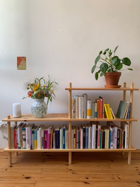 Low Level Bookshelves, Long Short Bookshelf, Low Shelves Under Window, Low Long Bookshelf, Short Wide Bookshelf, Low Standing Shelves, Minimal Book Shelf Ideas, Short Bookshelf Ideas, Small Apartment Bookshelves