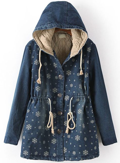 Snowflake Print, Women Coats, Women Jackets, Long Sleeve Outerwear, Print Coat, Hooded Coat, Coat Fashion, Jacket Outfits, Sweater Hoodie