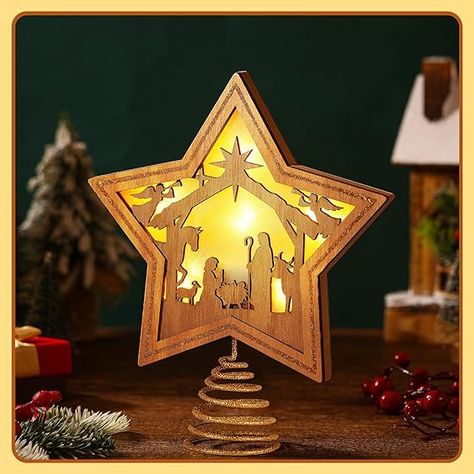 Nativity Tree Topper, Diy Wood Star Tree Topper, Diy Star For Christmas Tree Topper, Nativity Tree, Christmas Party Decoration, Wood Stars, Wood Christmas Tree, Star Tree Topper, Star Of Bethlehem