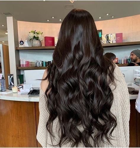 Brown Dark Hair Colors, Long Brunette Extensions, Dark Hair Styles Long, Long Dark Brown Hair Styles, Long Dark Chocolate Brown Hair, Long Dark Brown Hair Aesthetic, Brown Long Hair Aesthetic, Healthy Dark Hair, Long Brown Hair Curled