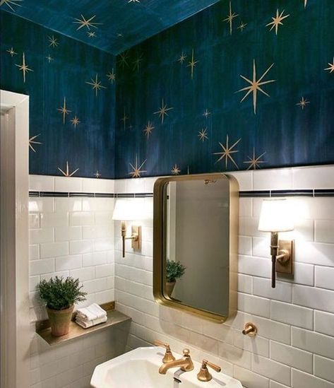 Aesthetic Interior Design, Bathroom Ceiling, Trendy Bathroom, Blue Bathroom, Bathroom Wallpaper, Bathroom Colors, Bathroom Style, Painting Bathroom, Of Wallpaper