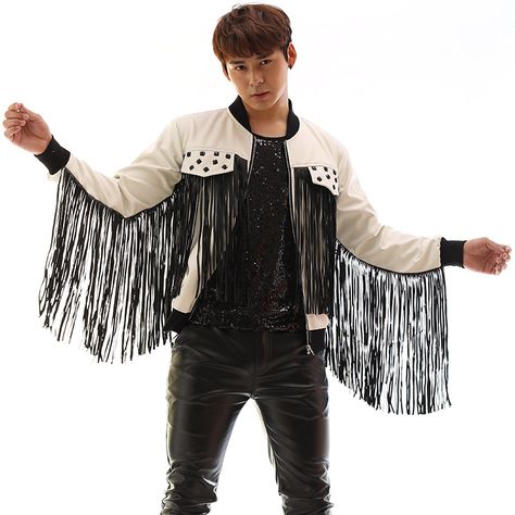 >> Click to Buy << White Leather Tassel Men Jacket  Youth Popular Individuality Slim Costume  Bar Nightclub Male Singer Concert  Stage Wear  #Affiliate Tassels Outfit, Tassels Fashion Clothing, Tassel Outfit, Tassel Jacket, Outfit Blazer, Fashion Garments, Dance Stage, Leather Coats, Punk Dress