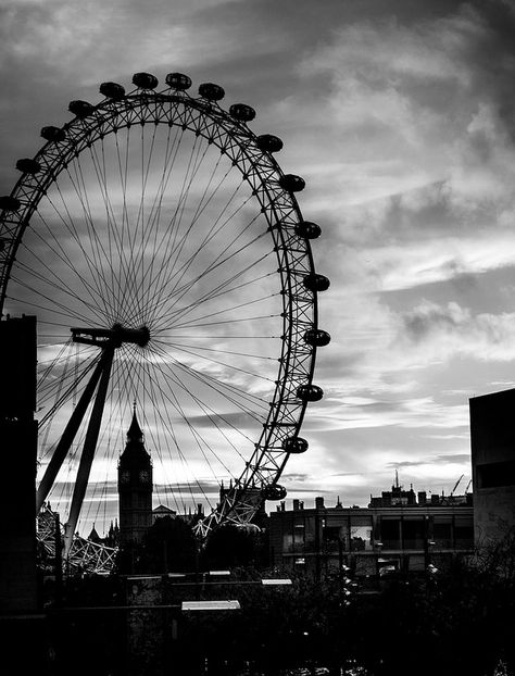 The London Eye from Waterloo bridge Waterloo Bridge, Black And White Photo Wall, Dark Landscape, Black And White Picture Wall, Gray Aesthetic, Black And White Wallpaper, Photo Wall Collage, Black And White Aesthetic, London Eye