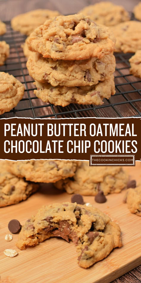 Who doesn't love treats? These Peanut Butter Oatmeal Chocolate Chip Cookies is a great treat and fun after school snack for kids. The delight combination of simple ingredients on this flavor packed cookie treat is best for easy back to school recipes. Desserts To Make At Home, Peanut Butter Oatmeal Chocolate Chip Cookies, Peanut Butter Oatmeal Chocolate Chip, The Cookin Chicks, Back To School Recipes, Holiday Baking List, Butter Oatmeal Cookies, Chocolate Peanut Butter Desserts, Oatmeal Peanut Butter