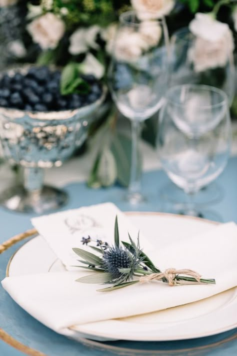 Blue Place Settings, Slate Blue Wedding, Blue Table Settings, Thistle Wedding, Blue Thistle, Flower House, Simple Wedding Decorations, Blue Napkins, Floral Design Studio