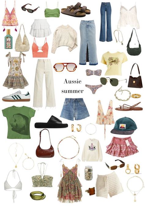 Australian Summer Style #SandyToesStyle #BeachHats #ShellJewelry #SeashellHairclips Outfit Inspo Summer Australia, Summer Clothes Australia, Australian Fashion 2024, 2024 Clothing Aesthetic, Summer Outfits 2023 Australia, Aussie Fashion Summer, Summer 2034 Outfits, Shein Europe Outfits, Outfit Ideas Australia