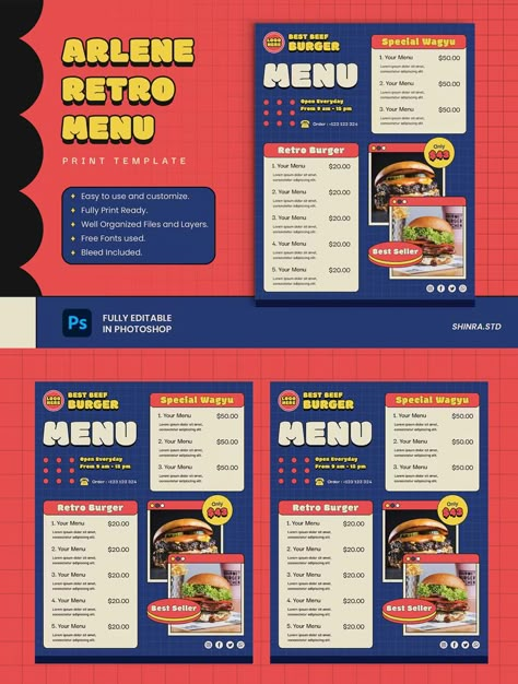 Arlene Retro Menu Template PSD Menu Burger, Menu Sans Gluten, Wagyu Burger, Burger Design, Cafe Menu Design, Burger Menu, Menu Layout, Food Menu Template, Graphic Design Infographic