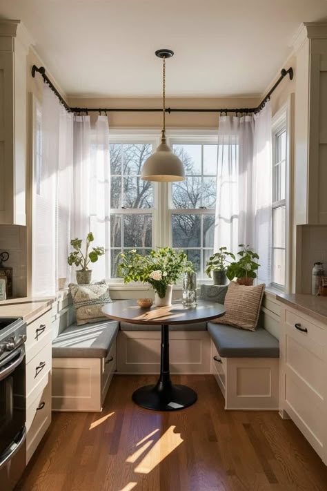 Bay Window Dining Table Breakfast Nook, Breakfast Nook Galley Kitchen, Kitchens With Breakfast Nook, Morning Room Off Kitchen Ideas, Galley Kitchen With Breakfast Nook, Apartment Nook, Small Breakfast Nook Ideas, Kitchen With Breakfast Nook, Farmhouse Breakfast Nook