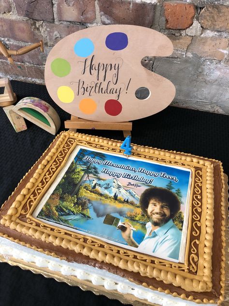 Bob Ross Party Food, Bob Ross Painting Party, Bob Ross Party Ideas, Bob Ross Cake, Bob Ross Birthday Party, Bob Ross Party, Bob Ross Birthday, Disney Wedding Cake, Bob Ross Paintings