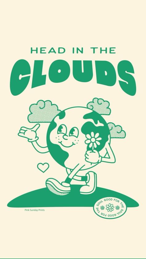 Pink Sunday Prints, Random Prints, Head In The Clouds, Cartoon Posters, Retro Cartoons, Mascot Design, In The Clouds, Art Collage Wall, Logo Illustration