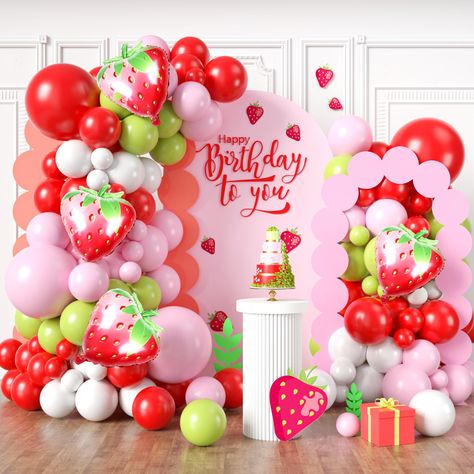 PRICES MAY VARY. ❣️【Elegant Design】 Our strawberry balloon arch kit are designed to add a touch of elegance to your event! The balloon arch includes 10inch: 25 x red, 15 x fruit green, 25 x maca pink, 15 x white; 5inch: 5 x red, 5 x fruit green, 5 x maca pink, 5 x white; 18inch: 2 x red, 2 x maca pink; 4 x strawberry foil balloons; 1 x balloon strip, 2 x dispensing, 1 x ribbon. ❣️【Quality Guarantee】 Our strawberry balloon arch are made of high-quality materials, ensuring long-lasting bright colo Strawberry Shortcake Balloon Arch, Strawberry Balloon Garland, Strawberry Baby Shower Decorations, Strawberry Balloon Arch, Strawberry Party Decorations, Balloon Arch Kit, Strawberry Shortcake Party, Strawberry Decorations, Strawberry Baby