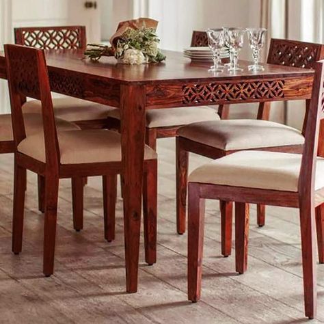 DRIFTINGWOOD Maharaja Solid Sheesham Wood Dining Table 6 Seater | Cushion Chairs | Dining Room Sets | Self Assembly, Honey Finish Product Dimension: Table - Height 29 inch, Length 57 inch, Width 35 inch, Chair - Height 34 inch, Length 17.5 inch, Width 17.5 inch | The Product Required Basic Shelf Assembly At Customer's End Product Material: Sheesham Wood Colour: Honey Finish, Cushion Color: Cream Warranty: The product comes with a 12 month warranty against any manufacturing defects. Dining Table 6 Seater, Four Seater Dining Table, Solid Wood Kitchen Table, Dinning Room Furniture, Wooden Dining Table Set, 4 Seater Dining Table, Kitchen Decor Sets, 6 Seater Dining Table, Kitchen Table Wood