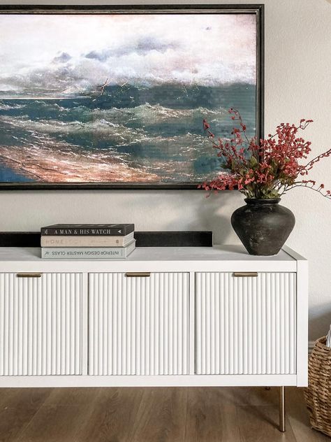 Best Ikea Hack: Ikea Kallax into a Fluted Media Console | XO My Home Ikea Tv Console, Ikea Kallax Unit, Dnevna Soba, Ikea Kallax, Ikea Furniture Hacks, Best Ikea, Console Cabinet, Kallax Ikea, Diy Furniture Renovation