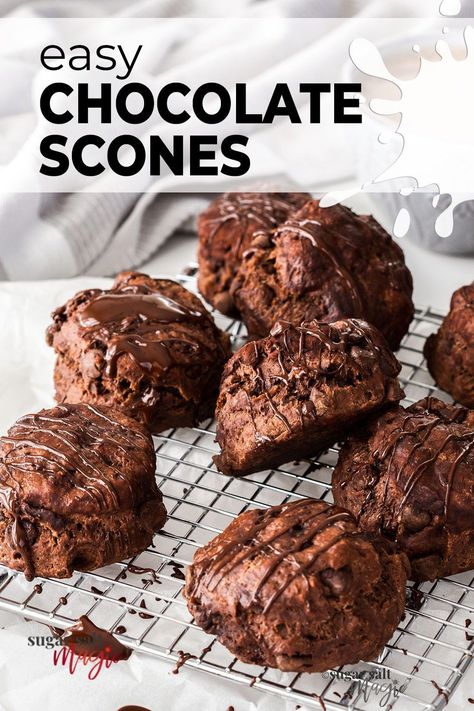 How about these Chocolate Scones for a slightly more indulgent breakfast or morning tea treat. Slightly sweet and topped with melted chocolate, these easy scones will melt in your mouth. These Chocolate Scones are made the same way as a traditional scone but with the addition of cocoa and chocolate chips in the batter, plus a drool-worthy drizzle of melted chocolate. #sugarsaltmagic #chocolatescones #sconesrecipe #easyscones Marathon Snacks, Sweet Scones Recipe, Chocolate Scones Recipe, Cocoa Bread, Easy Scones, Current Recipes, Scone Recipes, Fruit Scones, Chocolate Scones