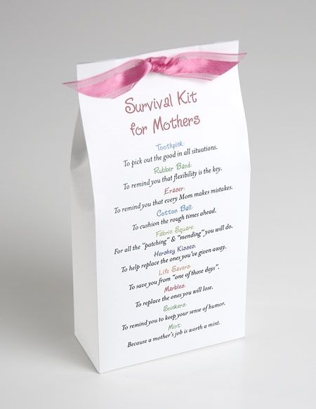 Do not like the actual gift. But really like the bag idea with colored ribbon. Simple and not too expensive. New Mom Survival Kit, Quotes Girlfriend, Mom Survival Kit, Autumn Poems, Survival Kit Gifts, Survival Kits, Church Crafts, Mothers Day Crafts, Survival Kit