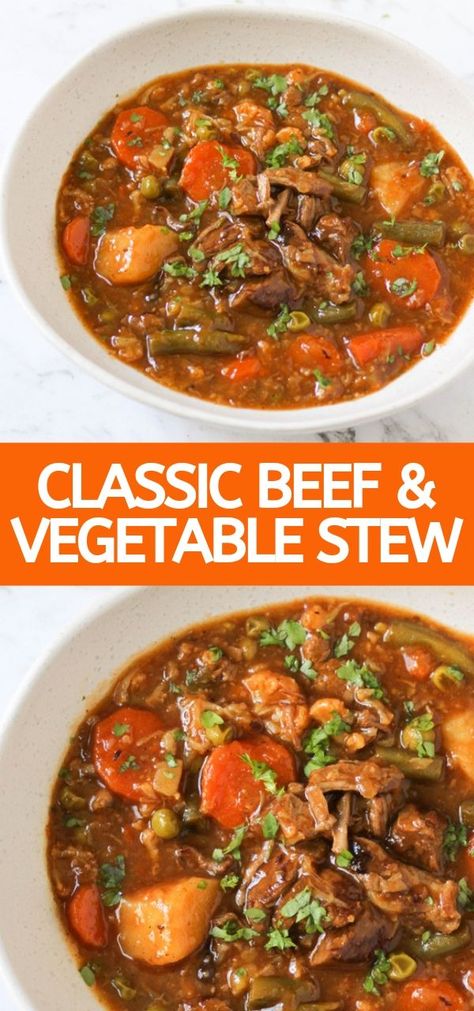 Classic Beef and Vegetable Stew slow cooked to perfection. Perfect for those cool winter nights. Winter Brunch Ideas, Beef And Vegetable Stew, Healthy Main Meals, Beef Vegetable Stew, Vegetable Stew Recipe, Winter Brunch, The Stew, Brunch Casserole, Slow Cooked Beef