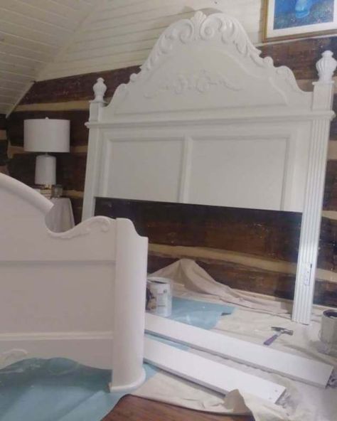 Old Bed Makeover, Bed Frame Paint Ideas, Chalk Paint Bed Frame, Paint Bed Frame, Painted Wood Bed Frame, Bed Frame Makeover, Mission Style Bedroom, Dark Wood Headboard, Painted Bed Frames