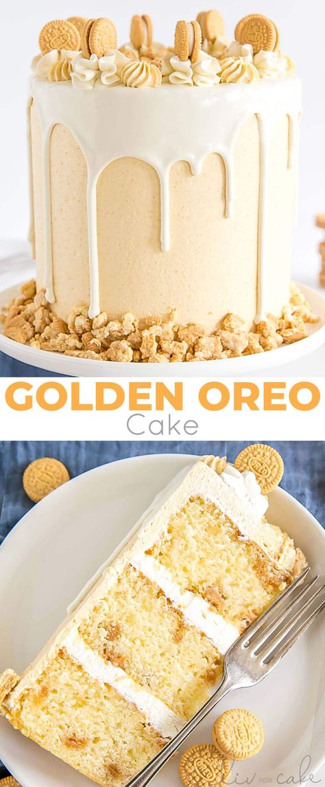 Golden Oreo Cake, Oreo Cookie Cake, Golden Birthday Cakes, Vanilla Oreo, Oreo Filling, Oreo Buttercream, Golden Oreo, Cookies And Cream Cake, Oreo Recipes