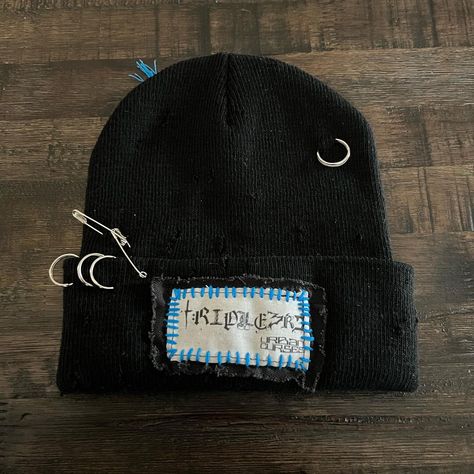 🌐TRIPLE3RD🌐 •+Staple018+• & •+Staple019+• Custom Upcycled 1/1 Beanies $30ea / $50 both Best for a smaller head size. Logo patch sewn to front. Machine & hand stitching. O rings added with pins for hardware detailing. Mild distressing throughout. A @no_name_no_reason patch on one, my distorted visage on the other. Handmade tags🏷️ All orders come with stickers and care instructions! Tag me if you take any pics❤️‍🔥 Dm to tap into custom work🫡 _________________________ #altfashion #gothicfash... Goth Jeans, Reworked Fashion, Reworked Clothing, Fringe Fashion, Bespoke Fashion, Glad Rags, Diy Hat, Handmade Tags, Alt Fashion