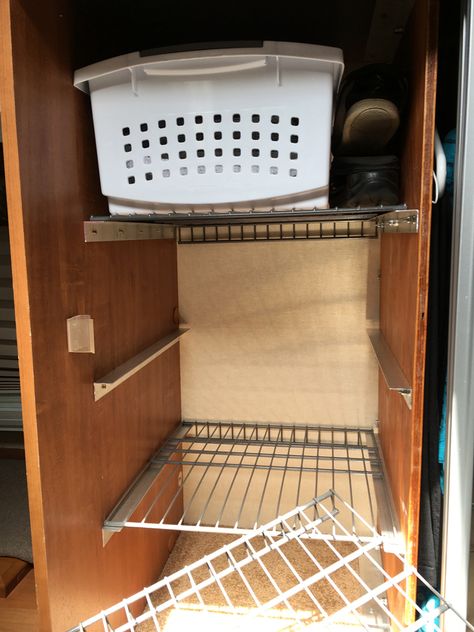 Open Wardrobes, Small Travel Trailer Remodel, Global Inspired Decor, Rv Storage Solutions, Scamp Trailer, Caravan Storage, Camper Remodeling, Trailer Organization, Closet Shelving