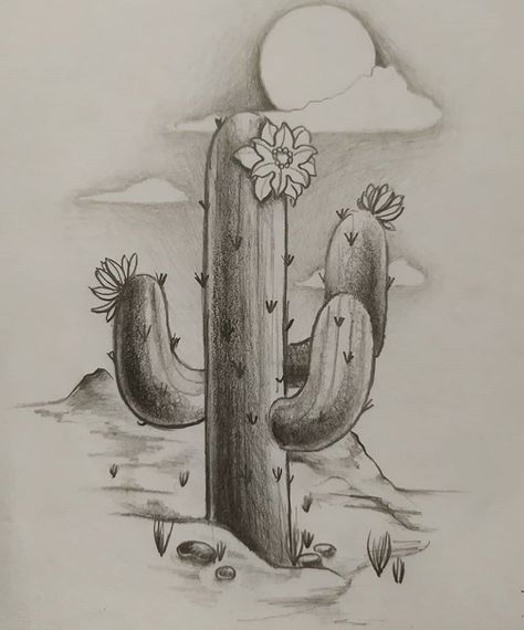 Desert Drawing Ideas, Saguaro Cactus Drawing, Desert Drawing Simple, Cactus Drawing Easy, Cactus Drawing Simple, Cacti Drawing, Desert Sketch, Cactus Drawings, Cactus Sketch