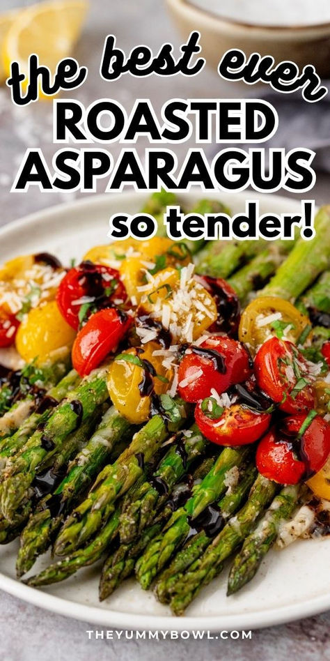 Best ever roasted asparagus is a healthy side dish that's topped with roasted tomatoes, parmesan cheese, and balsamic glaze. Easy roasted asparagus is so delicious and is perfect for holidays, parties, or just a quiet family dinner. Check out how to make this roasted asparagus today! Asparagus With Cheese, Cheesy Asparagus, Asparagus Side, Asparagus Side Dish, Asparagus Recipes Roasted, Oven Roasted Asparagus, Salmon Salad Recipes, Parmesan Asparagus, Healthy Side Dish