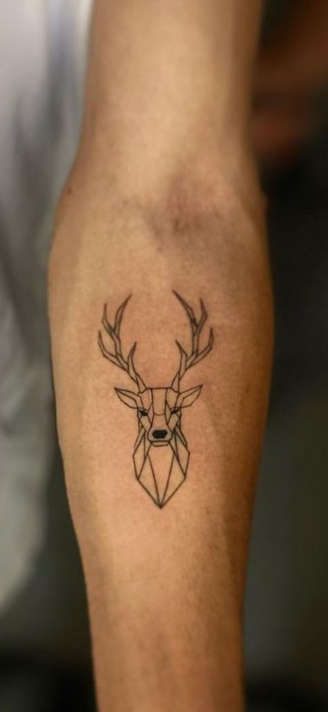 Stag Tattoo Minimalist, Deer Arm Tattoo, Men Line Tattoo Ideas, Masculine Minimalist Tattoo, Deer Tattoo Minimalist, Deer Line Tattoo, Fine Line Deer Tattoo, Deer Geometric Tattoo, Stag Tattoo Men