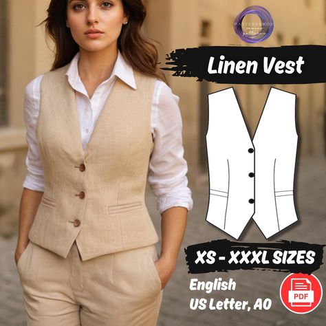 Vest Sewing Pattern, Women Waistcoat Pattern, Button Cropped Top Vest Pattern, Corset Button Front Pattern, Pockets Waistcoat Sewing Pattern Sewing Corset Pattern, Women’s Vest Pattern, Vest Patterns For Women Sewing, Waistcoat Sewing Pattern, Waistcoat Sewing, Diy Womens Clothes, Pattern Corset, Sewing Pattern Women, Vest Sewing