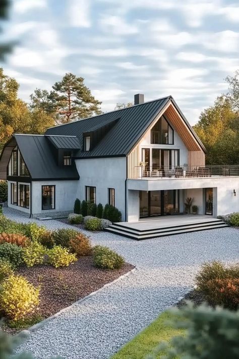 Nordic House Exterior Colors, Nordic House Exterior, Scandinavian House Design Exterior, Front Of House Design, Minimalist Modern House, Elegant Landscaping, Nordic House Architecture, Scandinavia House, Nordic Farmhouse