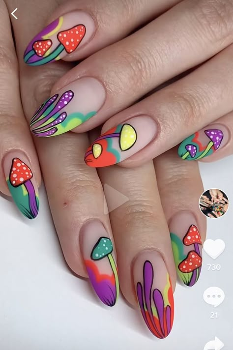 Cute Mushroom Nail Designs, Fun Creative Nail Designs, Mushrooms Nail Art, Nails With Mushroom Design, Mushroom Design Nails, Mushroom Nail Art Designs, Mushroom Nails Designs, Nail Designs Mushroom, Nails With Mushrooms